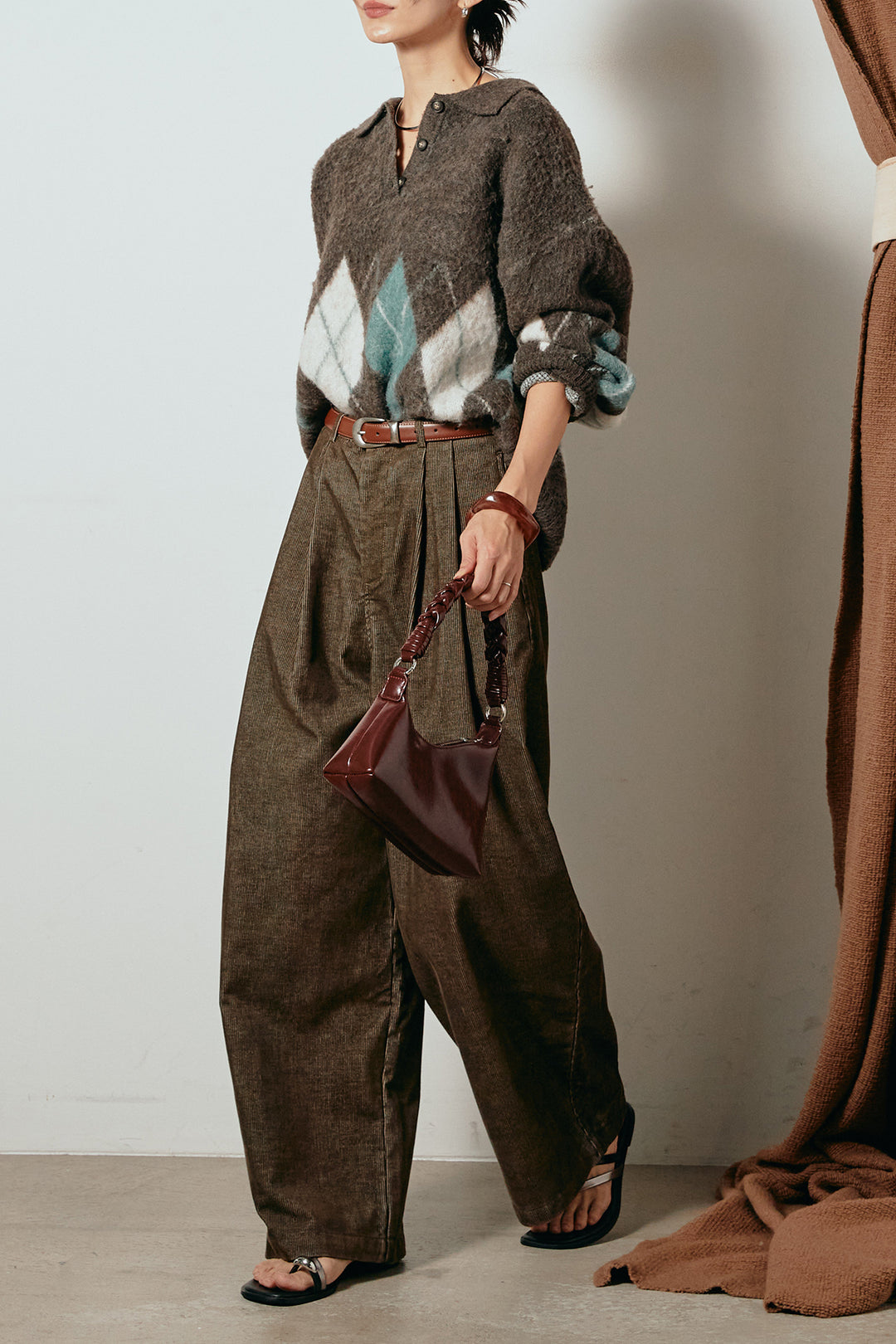 [SET]アーガイル柄ポロニットトップス+フロントタック入りコーデュロイパンツ(2set)