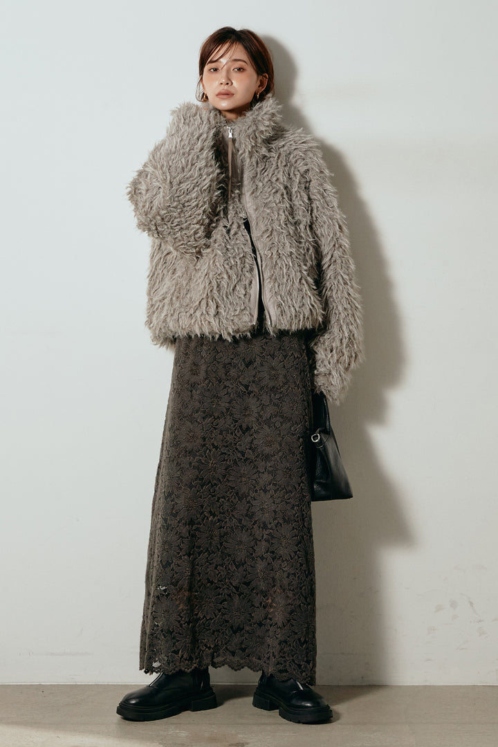 [SET]ミックスシープファースタンドブルゾン+花柄刺繍ベロアフレアスカート(2set)