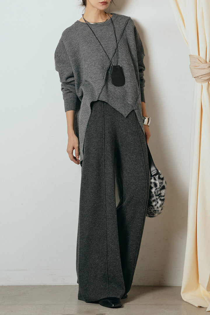 [SET]アシンメトリーデザインニットトップス+センターラインニットパンツ(2set)