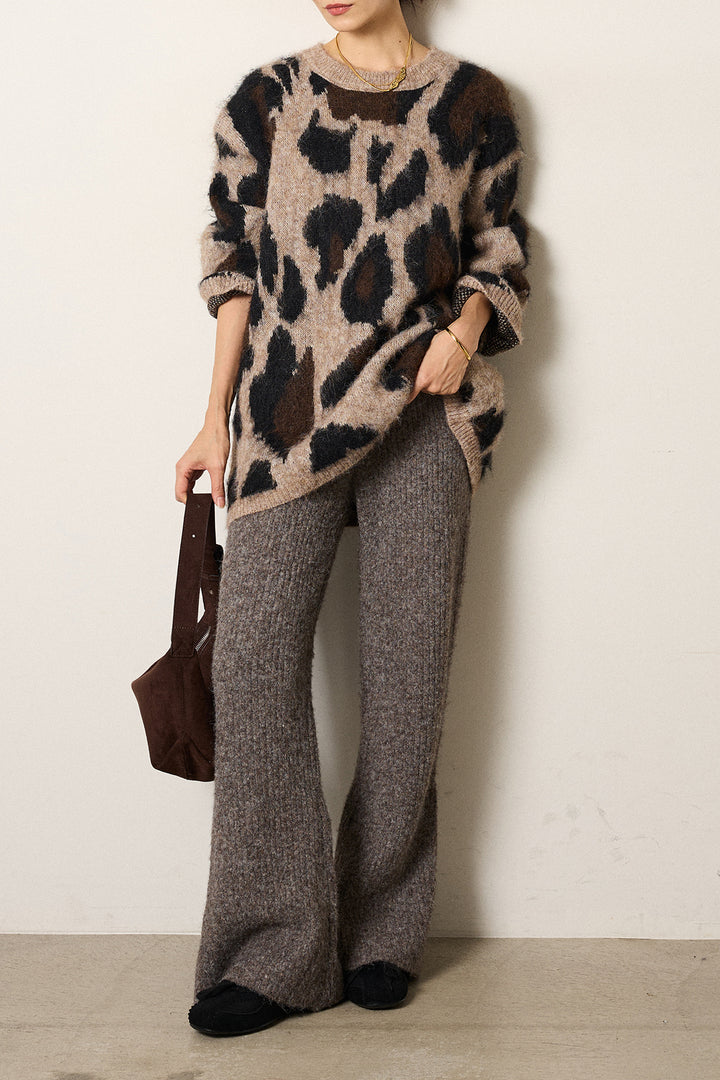 [SET]ルーズアニマルモヘアニットトップス+杢ニットリブフレアパンツ(2set)