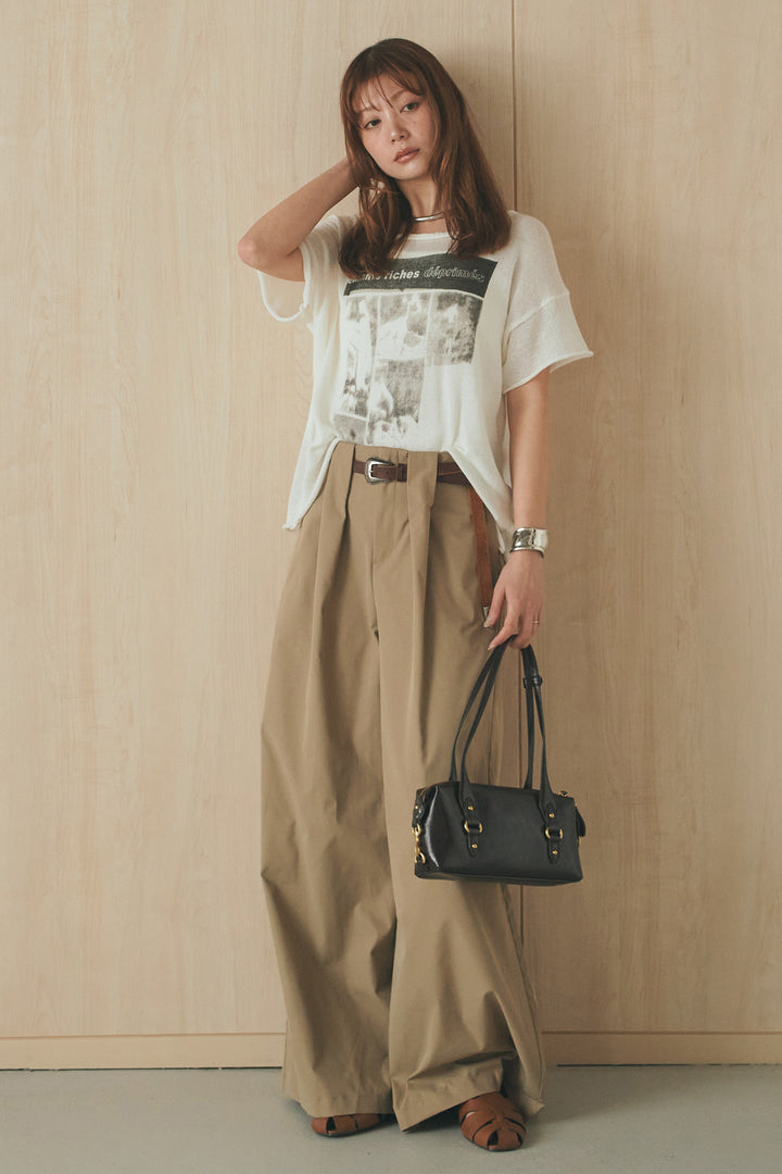 [SET]半袖モノトーングラフィックトップス+ベルトループデザインハイウエストタックパンツ(2set)