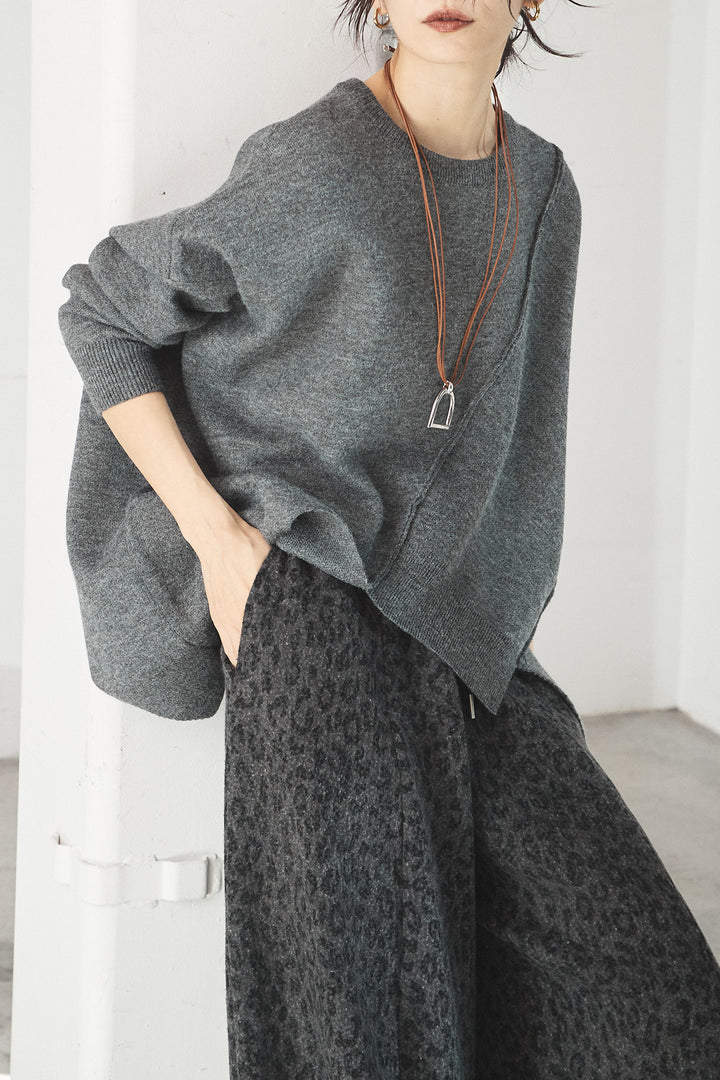 [SET]アシンメトリーデザインニットトップス+リラックスレオパード柄ワイドパンツ(2set)