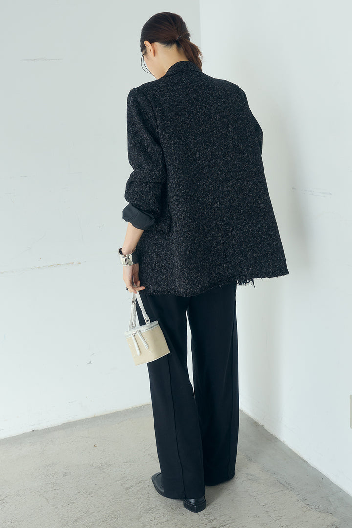 [SET]スラブネップツイードフリンジテーラードジャケット+サイドデザイン入りスウェットパンツ+裾レースキャミソール(3set)