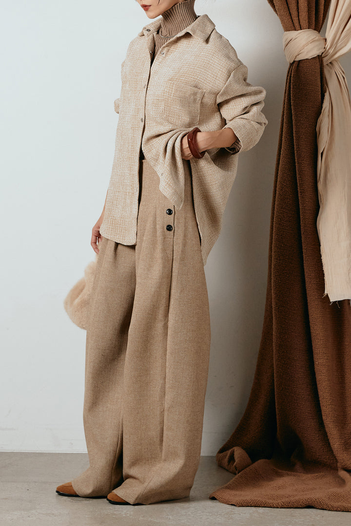 [SET]ルーズクラッシュツイルシャツ+リブニットシームレスタートルプルオーバー+サイドボタンツイードタックパンツ(3set)