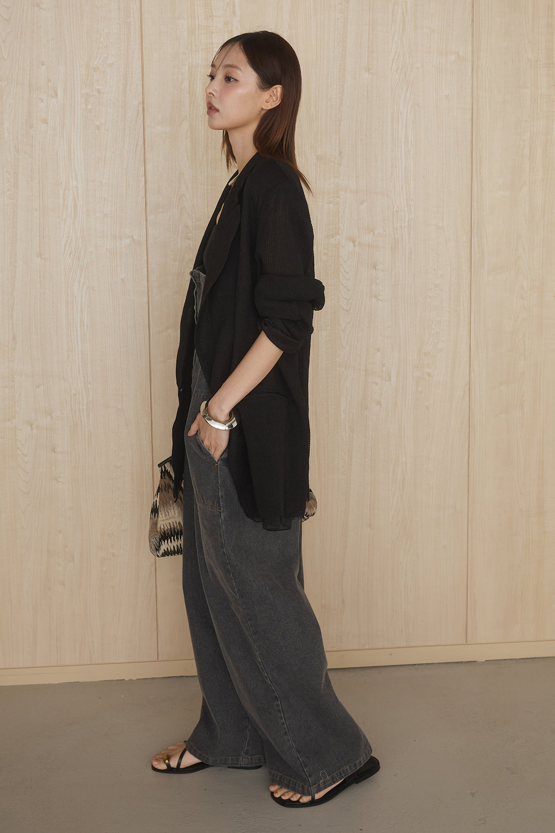 [SET]メッシュテーラードワイドジャケット+フロントボタンデニムサロペット(2set)