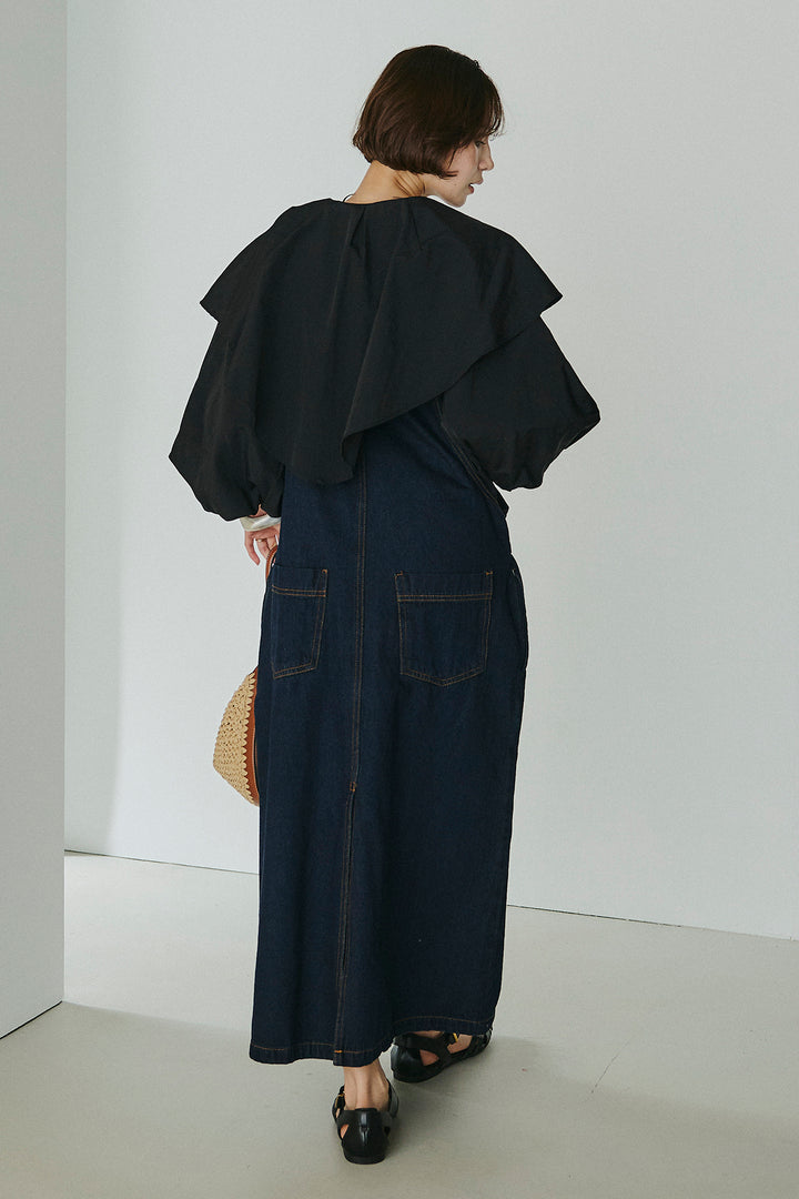 [SET]ケープカラーナイロンブラウス+配色ショルダーデニムサロペットスカート(2set)