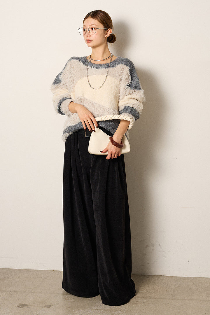 [SET]シャギーウェーブ柄クルーネックニットトップス+ベルトループコーデュロイワイドパンツ(2set)