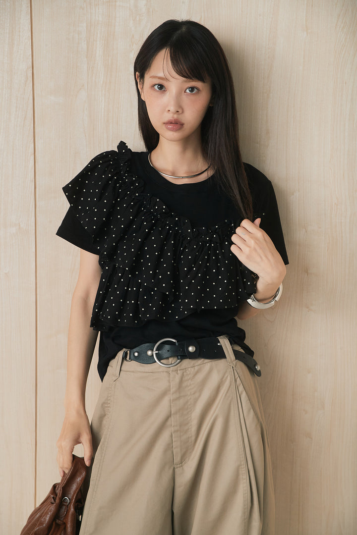 [SET]ドットアシメフリルデザインTシャツ+サークルバックルベルト付きタックワイドパンツ(2set)