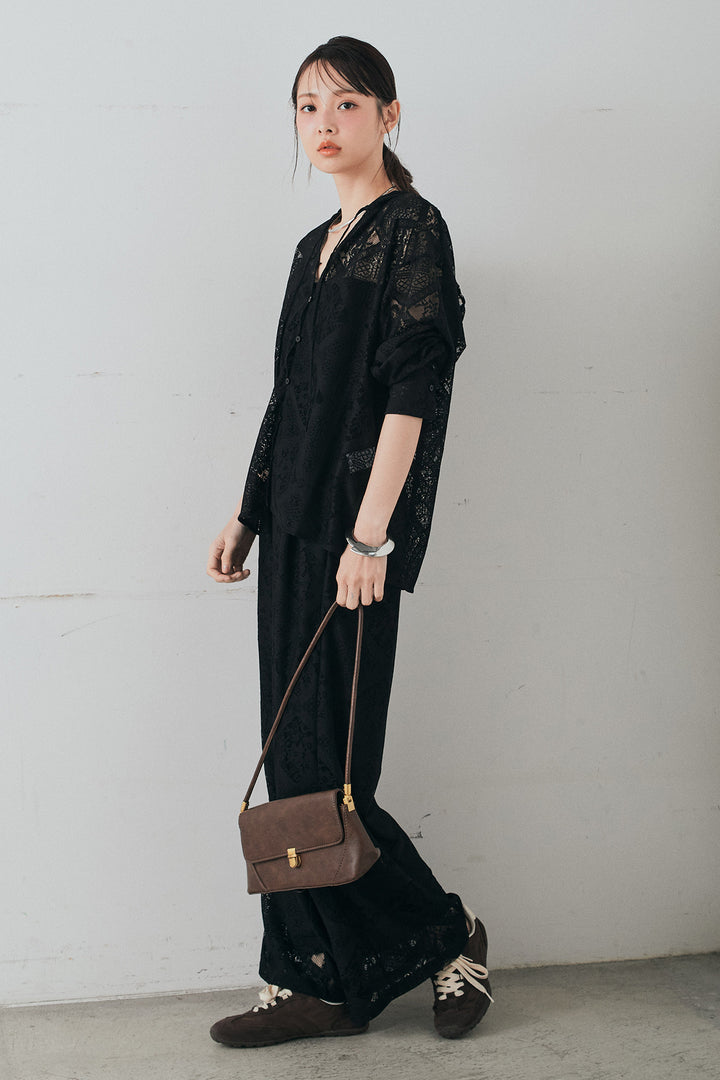 [SET]ブロックレースフード付きブラウス+リラックスブロックレースワイドパンツ(2set)