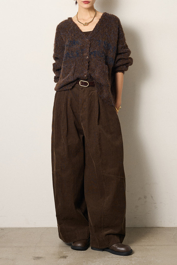 [SET]ウール混透かしロゴニットカーディガン+タック入りコーデュロイワイドパンツ(2set)