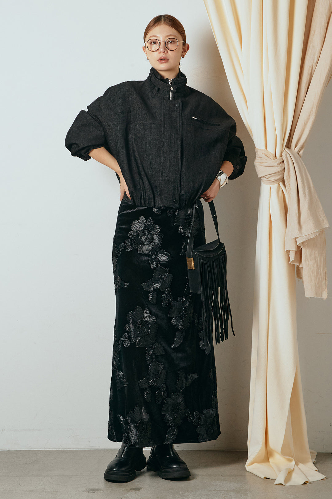 [SET]デニム調ハイネックブルゾン+フラワー刺繍ワイドスカート(2set)