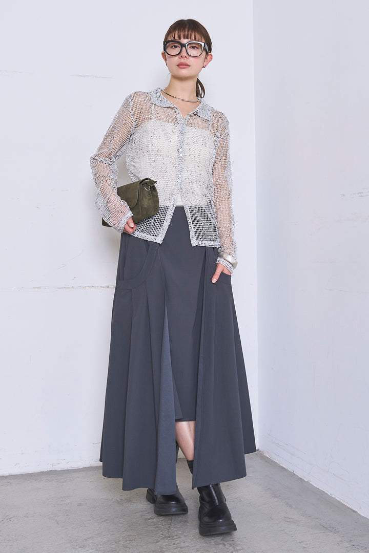 [SET]ネップメッシュポロ襟カーディガン+ラップレイヤードアシンメトリーデザインスカート(2set)