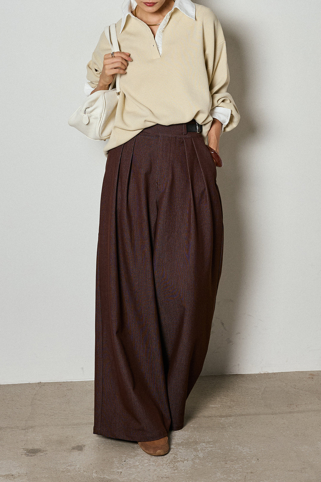 【即納】ウエストベルト付きタックワイドパンツ