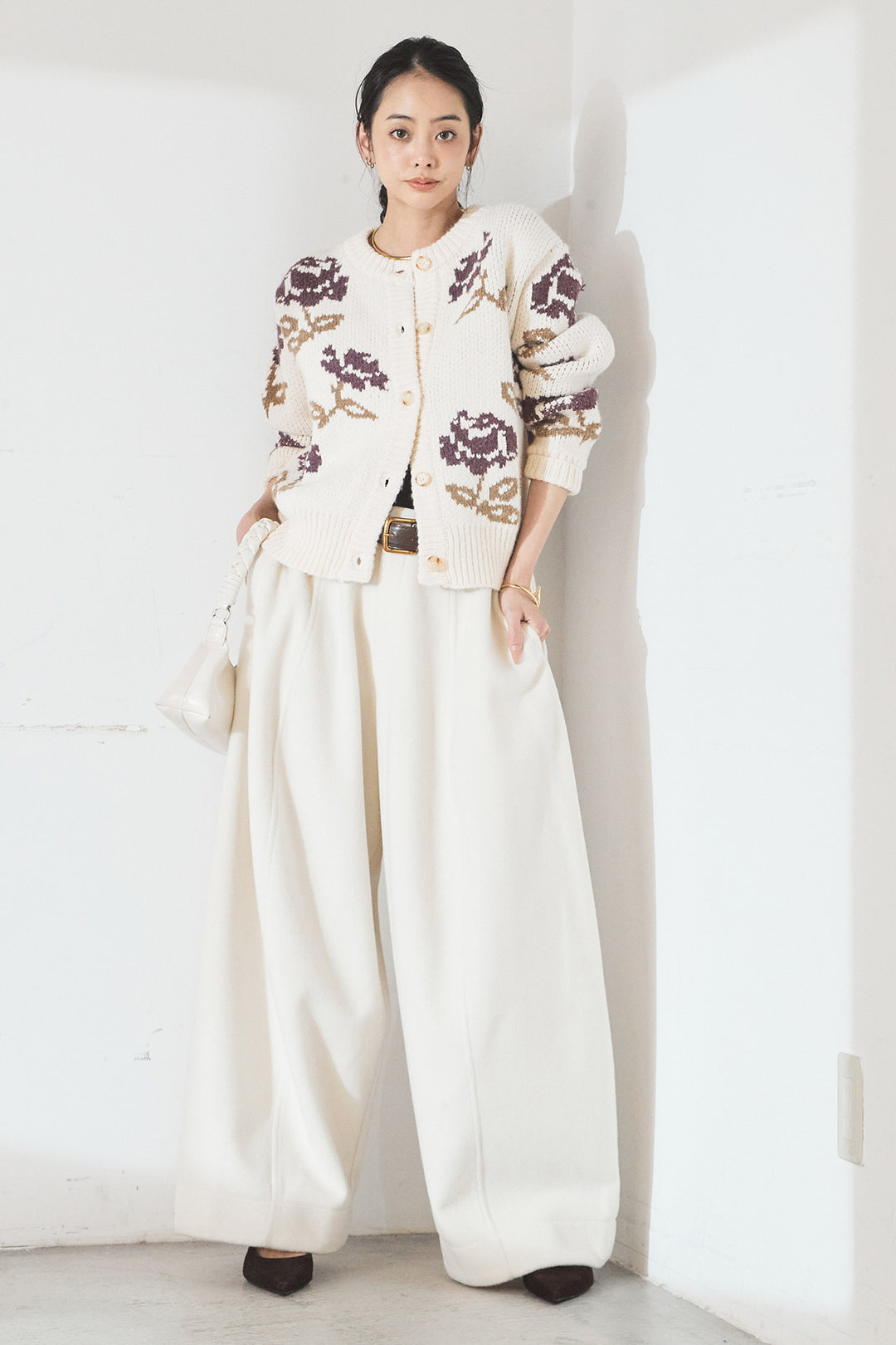 [SET]花柄ジャガードニットカーディガン+ウールタッチカーブワイドパンツ(2set)