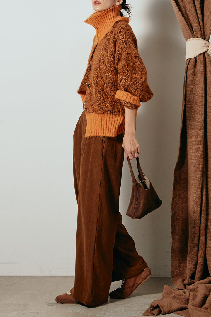 [SET]ハイネックミックスニットトップス+太ベルト付きコーデュロイタックパンツ(2set)