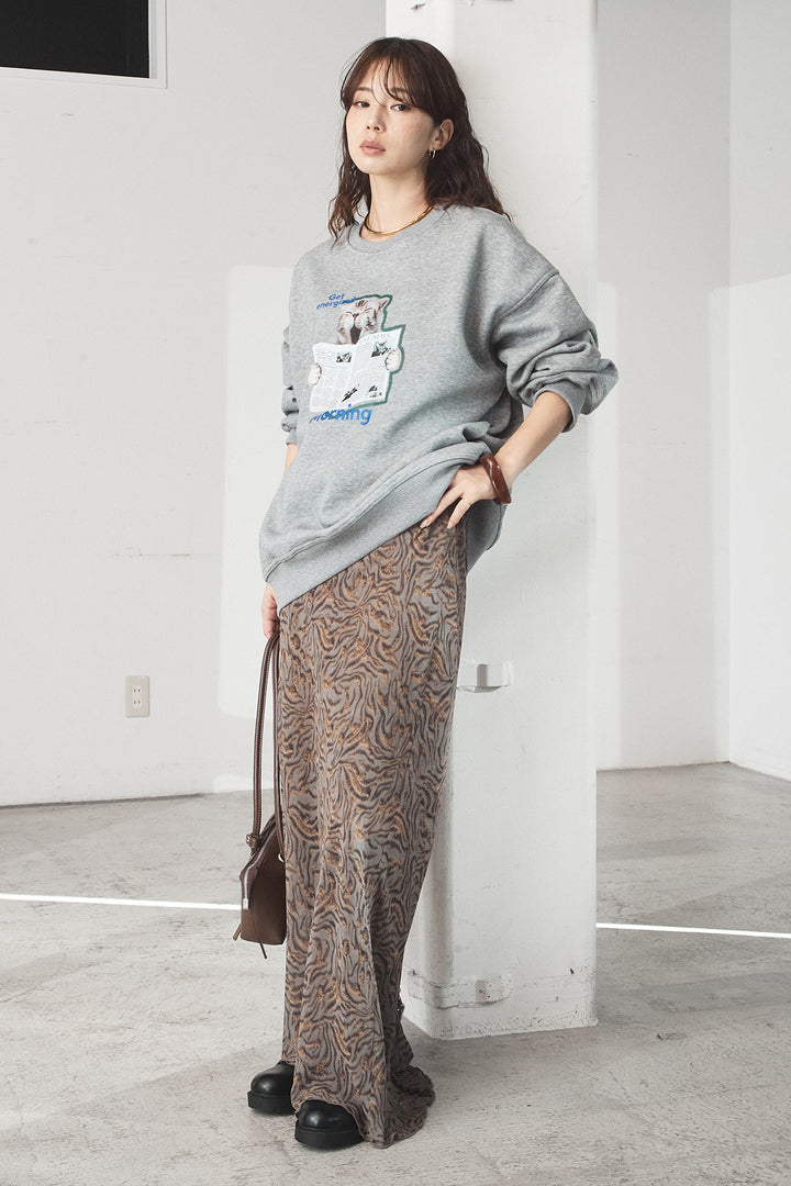 [SET]裏起毛モーニングキャットプリントスウェット+抽象柄ロングスカート(2set)