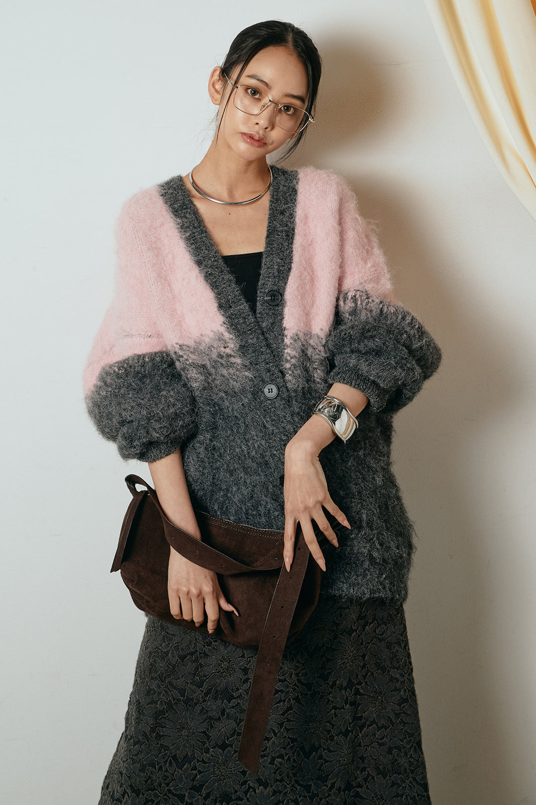 [SET]起毛グラデーションニットカーディガン+花柄刺繍ベロアフレアスカート(2set)