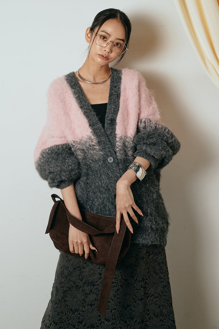 [SET]起毛グラデーションニットカーディガン+花柄刺繍ベロアフレアスカート(2set)