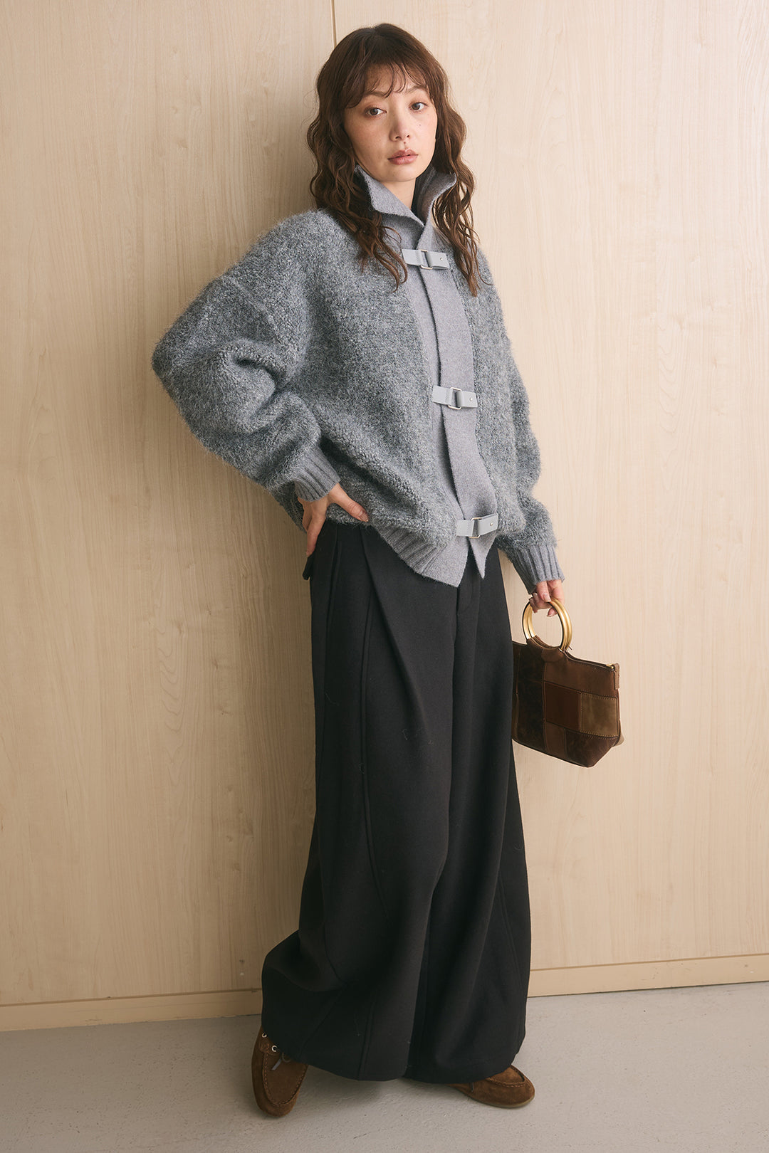 [SET]ブークレーハイネックニットジャケット+ポーチベルト付きカーブパンツ(2set)