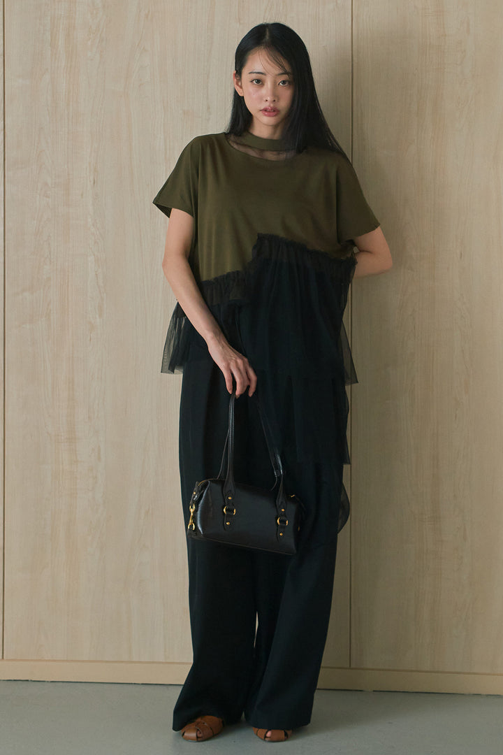 [SET]アシンメトリーチュールフリルTシャツ+ウエストデザインタックワイドパンツ(2set)