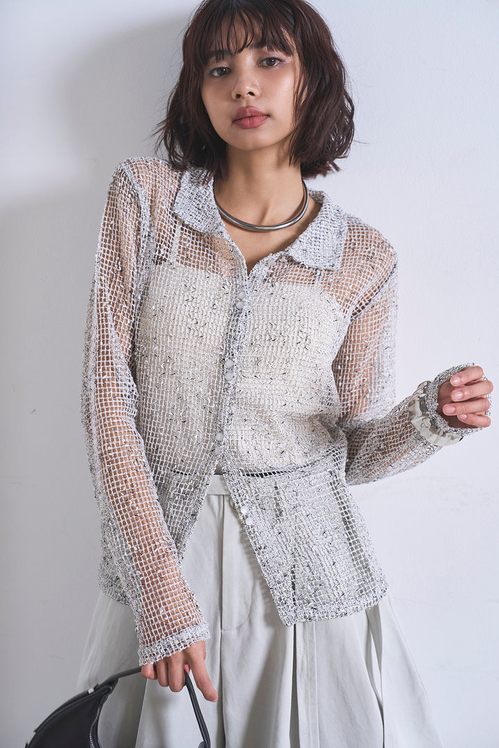 [SET]ネップメッシュポロ襟カーディガン+紐ベルト付きカーブワイドパンツ(2set)