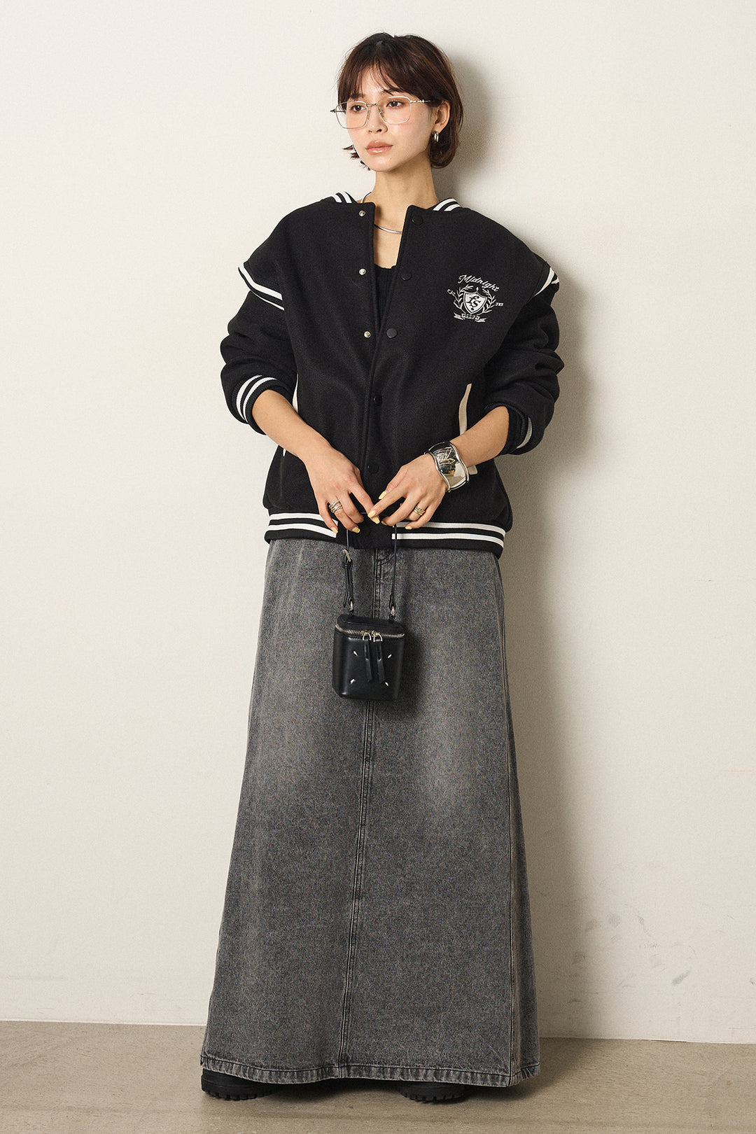 [SET]ワンポイントデザインブルゾン+デニムロングフレアスカート(2set)