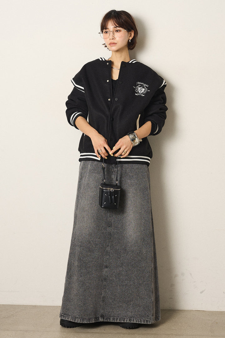 [SET]ワンポイントデザインブルゾン+デニムロングフレアスカート(2set)