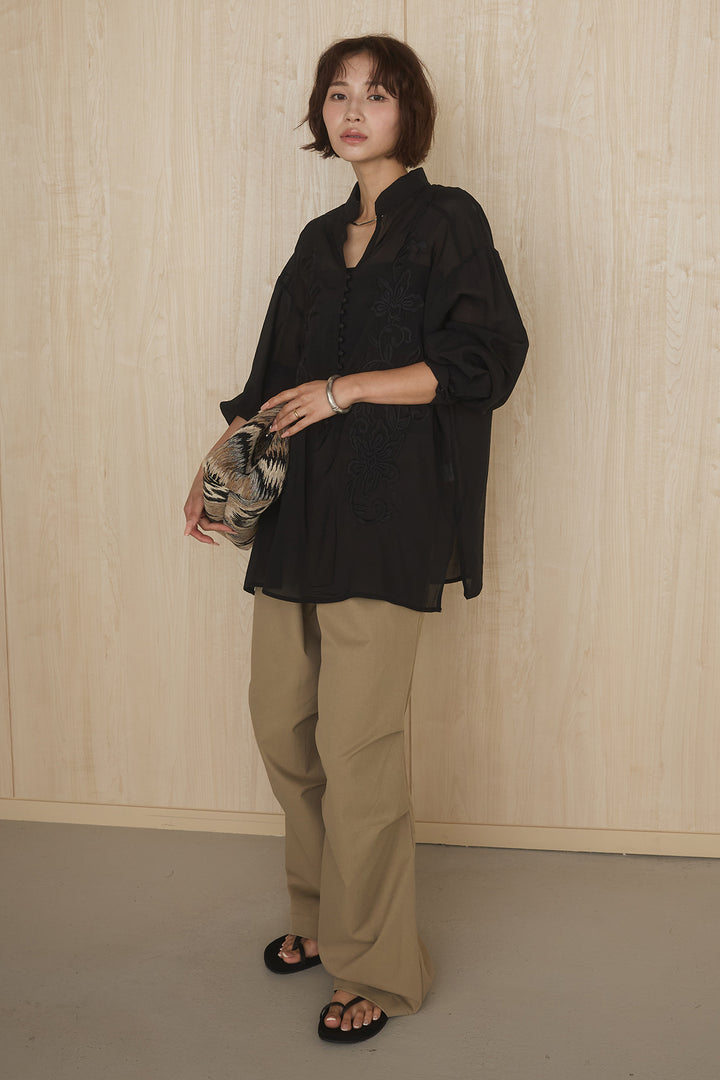 [SET]フロントボタンニュアンス柄ブラウス+ニーサイドタックウエストドロストパンツ(2set)