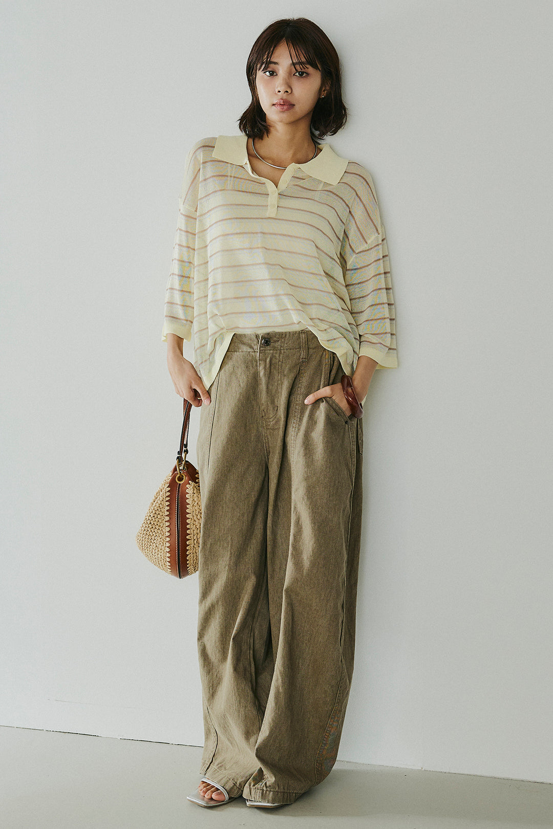 [SET]ボーダーニットポロシャツ+サイドベルトカーブワイドパンツ(2set)