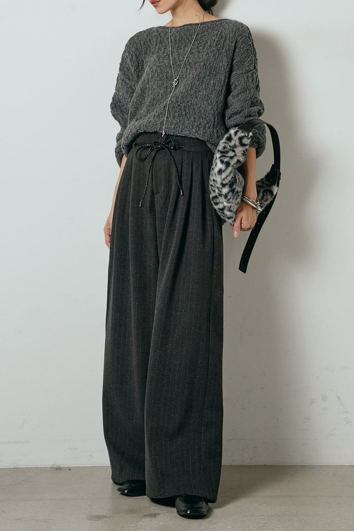[SET]ボリューム編みニットプルオーバー+編みベルト付きピンストライプワイドパンツ(2set)