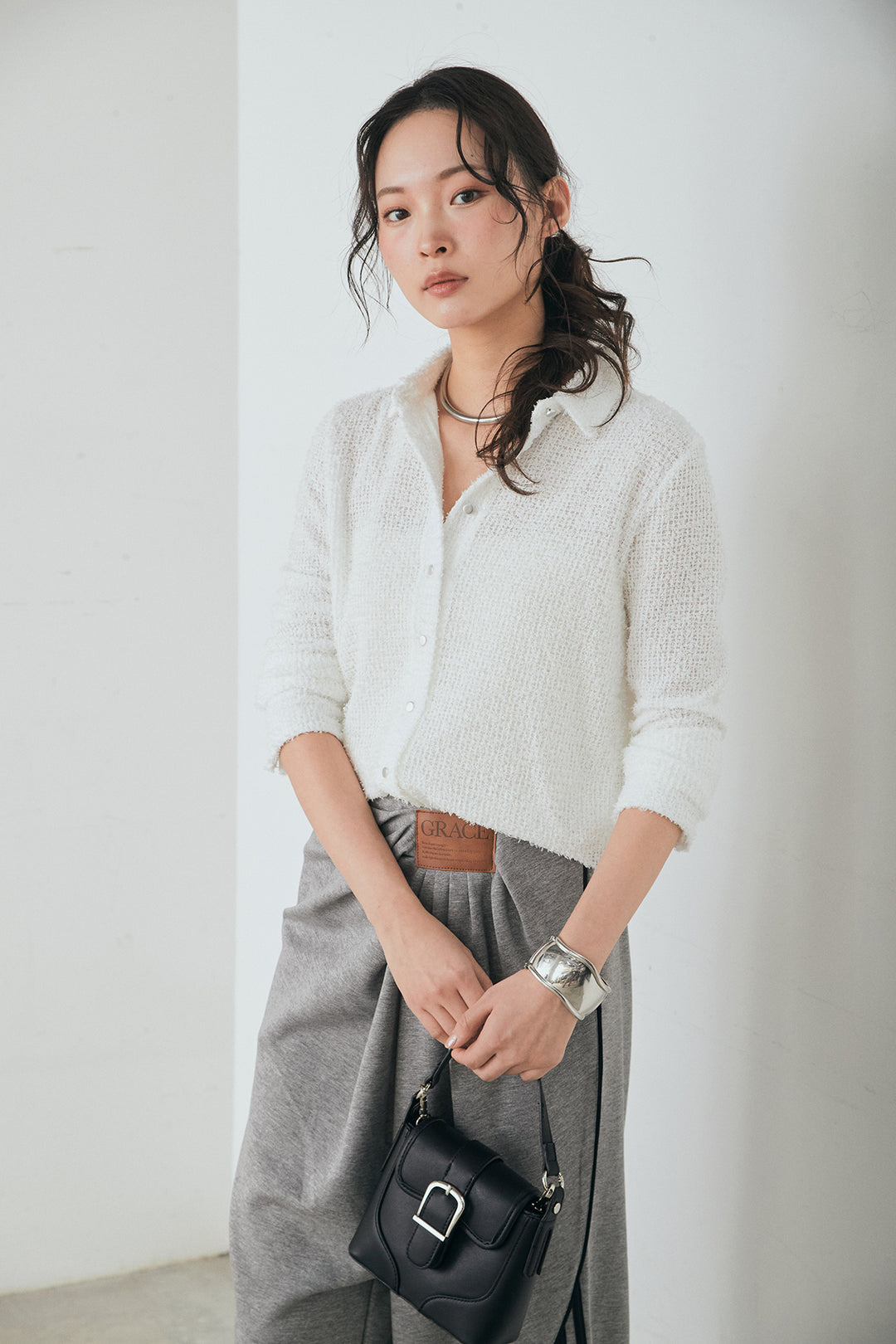 [SET]カールヤーンシャツ+ライトダンボールウェーブラインドレープパンツ(2set)