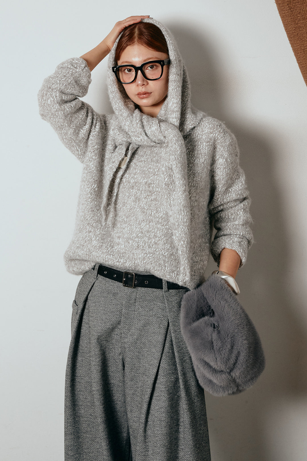 [SET]スカーフ付きミックスニットトップス+細ベルト付き起毛タックワイドパンツ(2set)