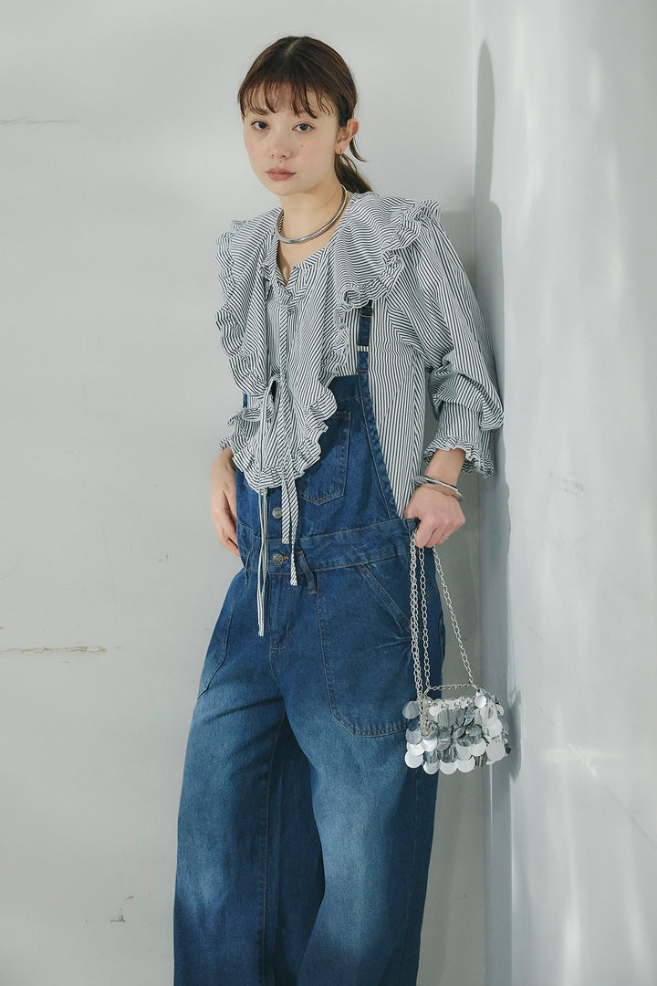 [SET]コットンフリルブラウス+デニムサロペットワイドパンツ(2set)