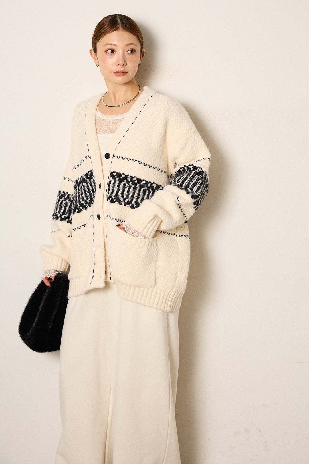 [SET]ライン柄ステッチニットカーディガン+2WAY袖コード刺繍クルーネックプルオーバー+裏起毛スウェットワイドパンツ(3set)
