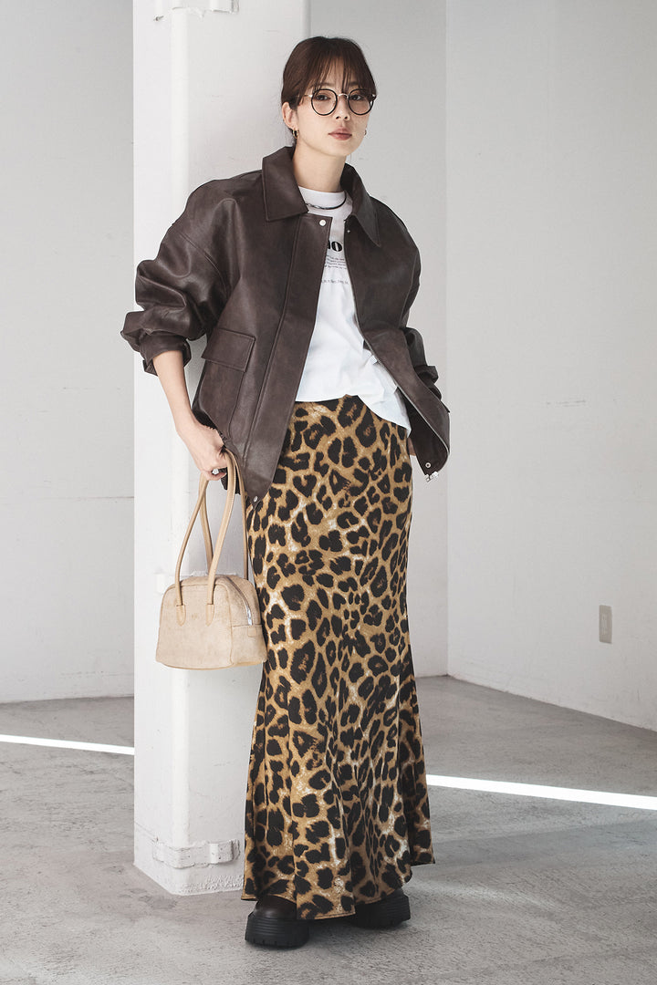 [SET]レザーライクオーバーサイズブルゾン+レオパードサテンナロースカート(2set)