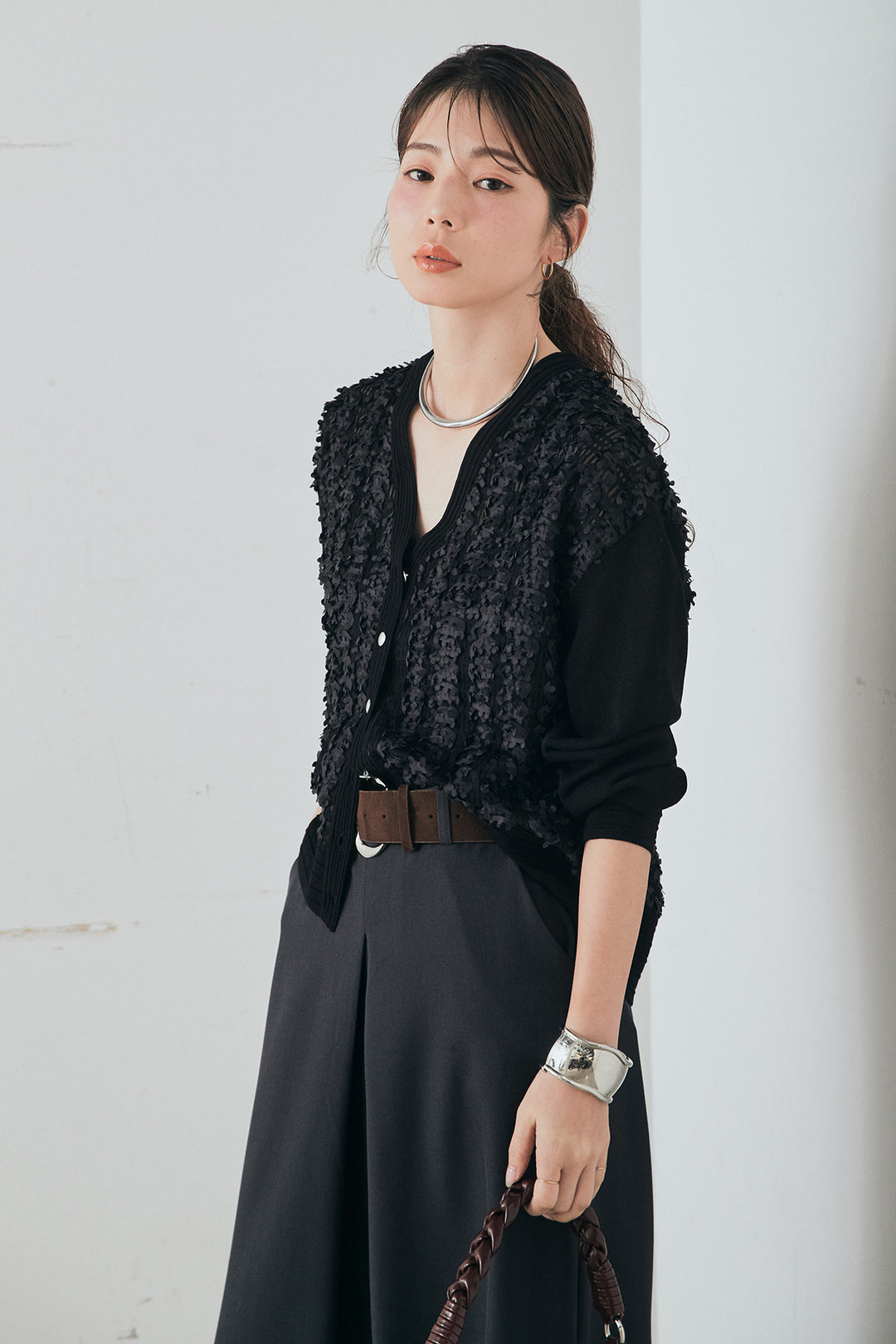 [SET]モコレースVネックカーディガン+太ベルト付きフロントタックパンツ(2set)