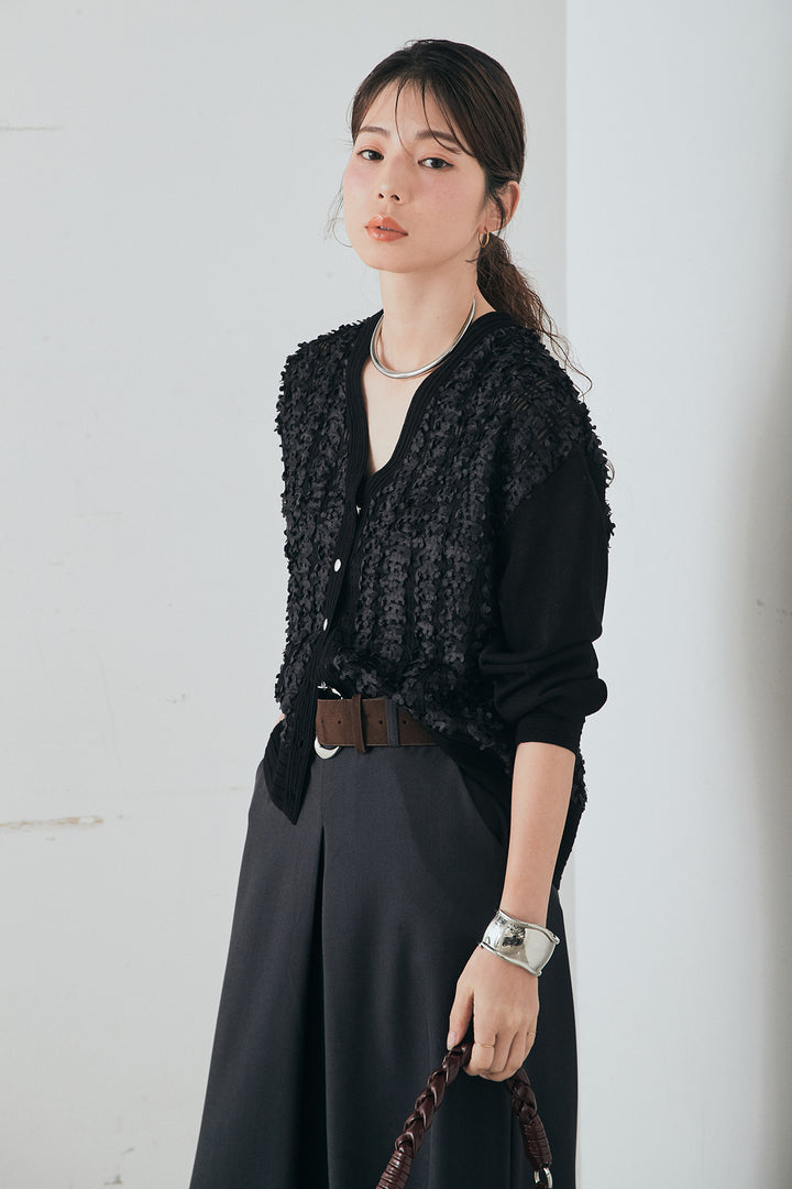 [SET]モコレースVネックカーディガン+太ベルト付きフロントタックパンツ(2set)