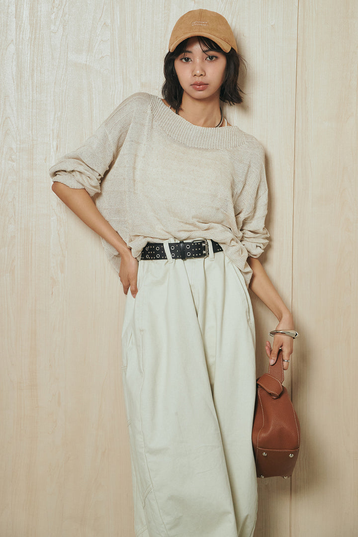 [SET]麻混リラックスニットトップス+ベルト付きカラーデニムパンツ(2set)