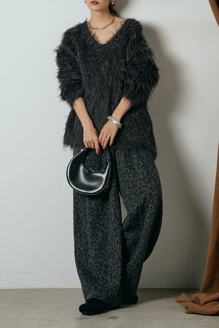 [SET]深Vネックシャギーニットトップス+リラックスレオパード柄ワイドパンツ(2set)