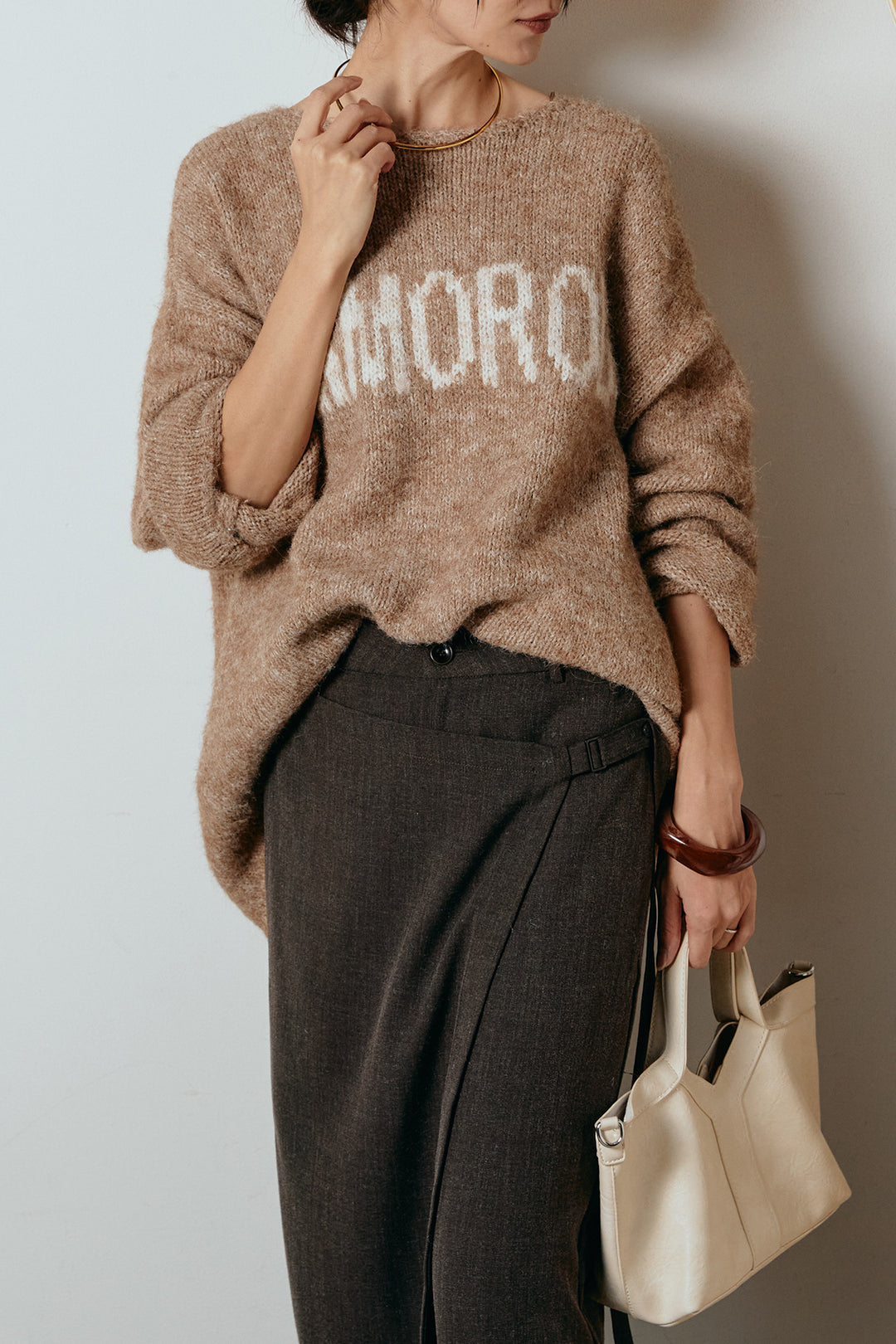 [SET]フロントロゴデザインニットトップス+ラップ巻きワイドスラックス(2set)