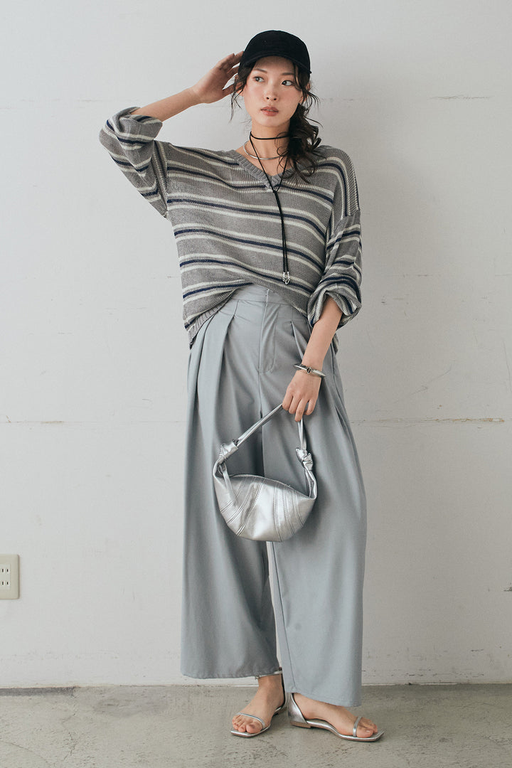 [SET]綿タッチVネックボーダートップス+ウォッシャブルエコレザータックパンツ(2set)