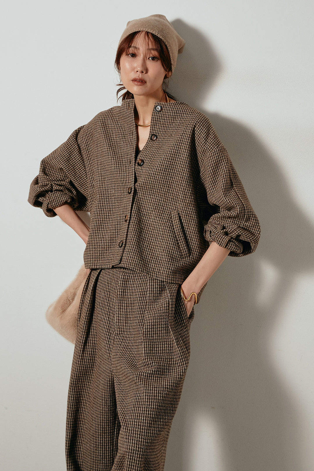 [SET]ノーカラーガンクラブチェックジャケット+ガンクラブチェックタックパンツ(2set)