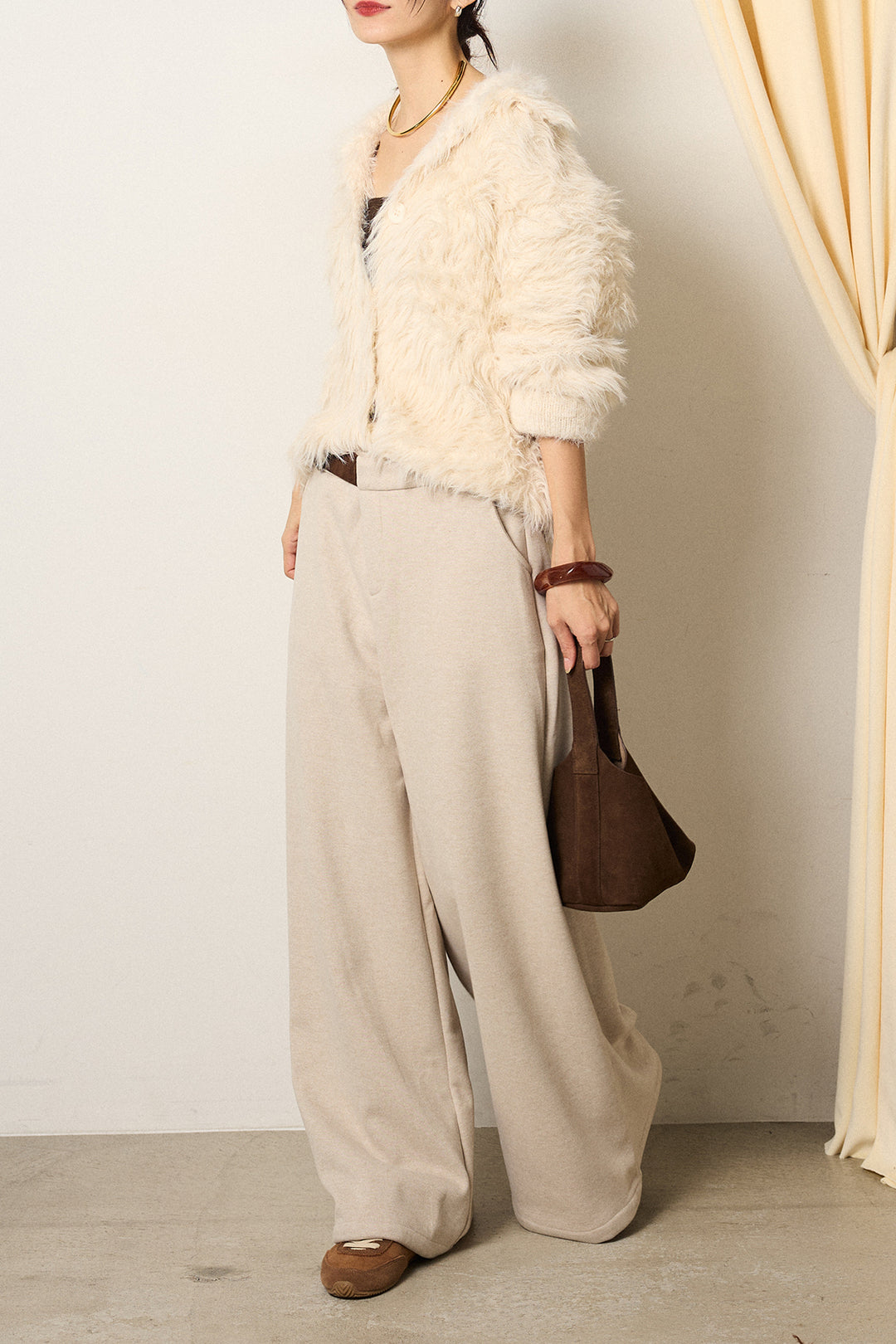 [SET]襟付きシャギーニットカーディガン+サイドベルトパンツ(2set)