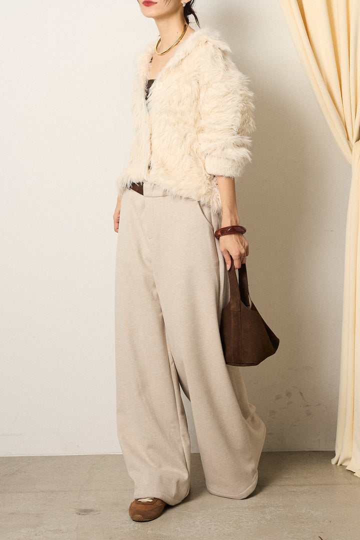 [SET]襟付きシャギーニットカーディガン+サイドベルトパンツ(2set)