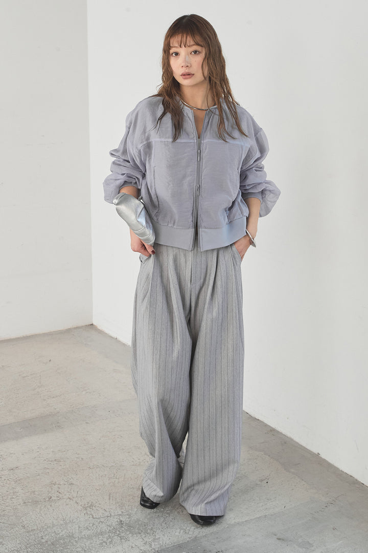 [SET]シアー×ポンチブルゾン+細ベルト付きピンストライプワイドパンツ(2set)