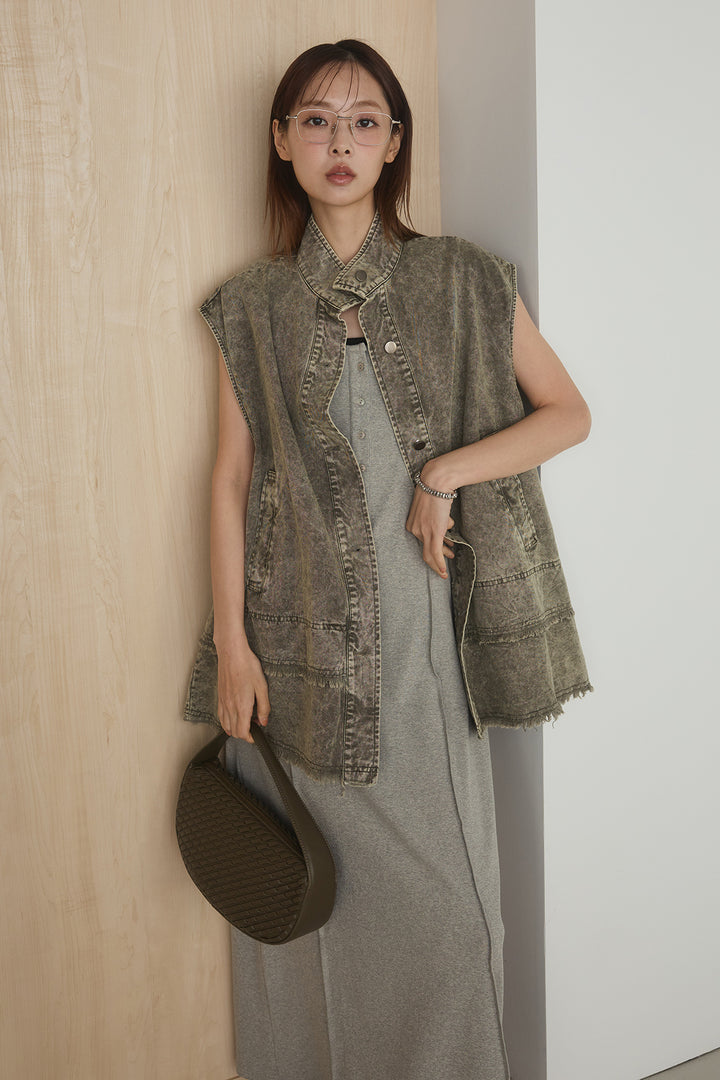 [SET]ケミカルデニムヘムカットオフジレ+ノースリロングワンピース(2set)