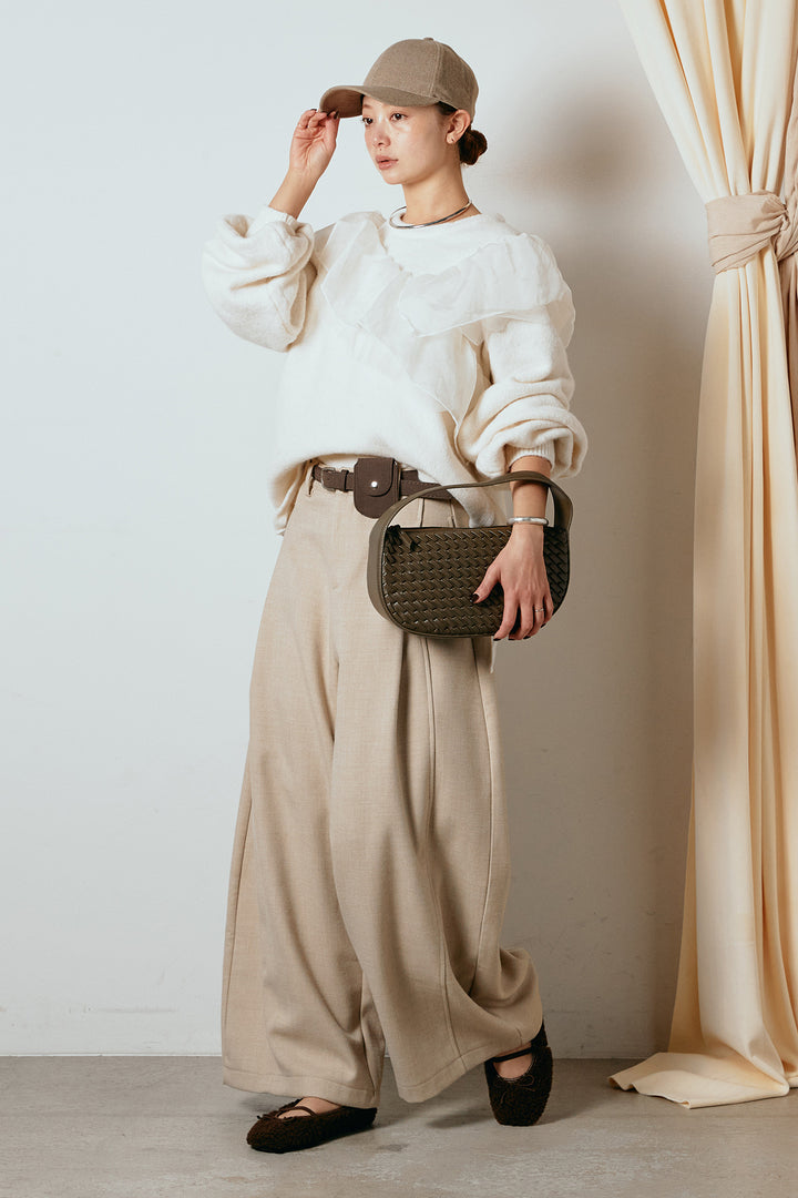 [SET]アシンメトリーフリルニットトップス+ポーチベルト付きカーブパンツ(2set)