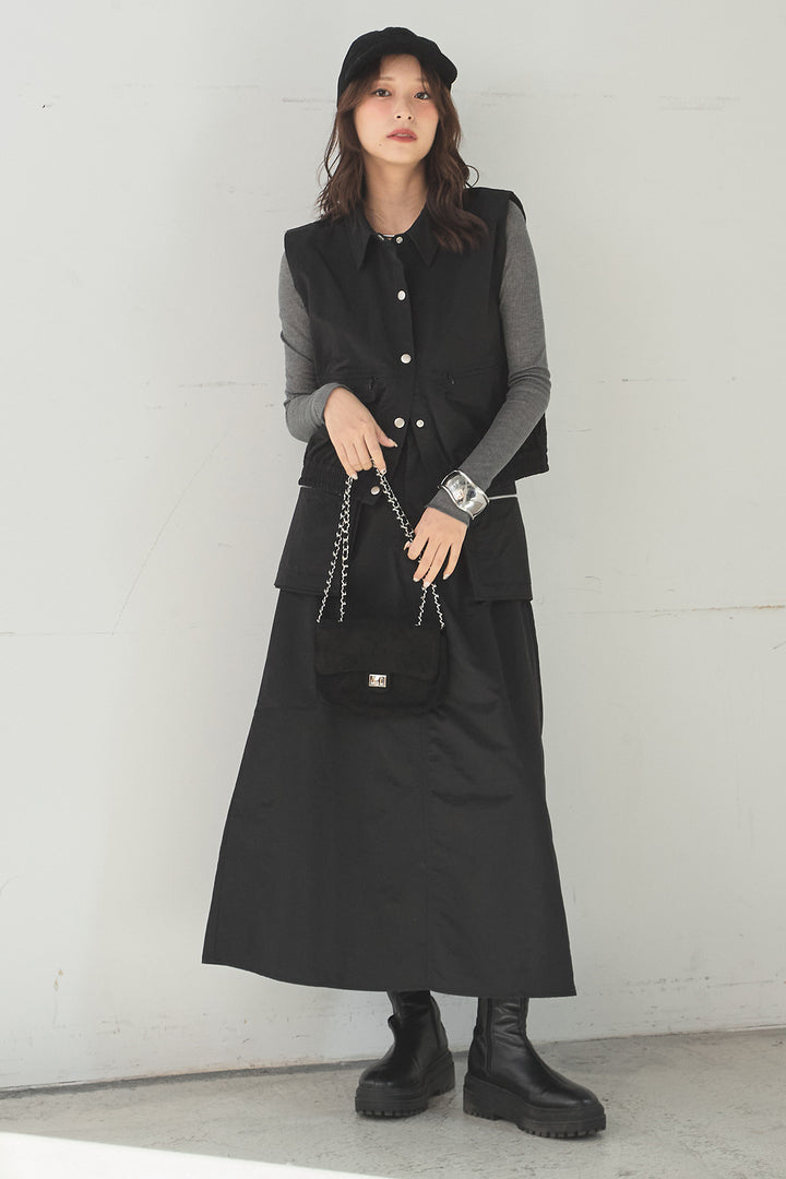 [SET]襟付きナイロンベスト+サイドデザインナイロンスカート+リブシアークルーネック長袖トップス(3set)