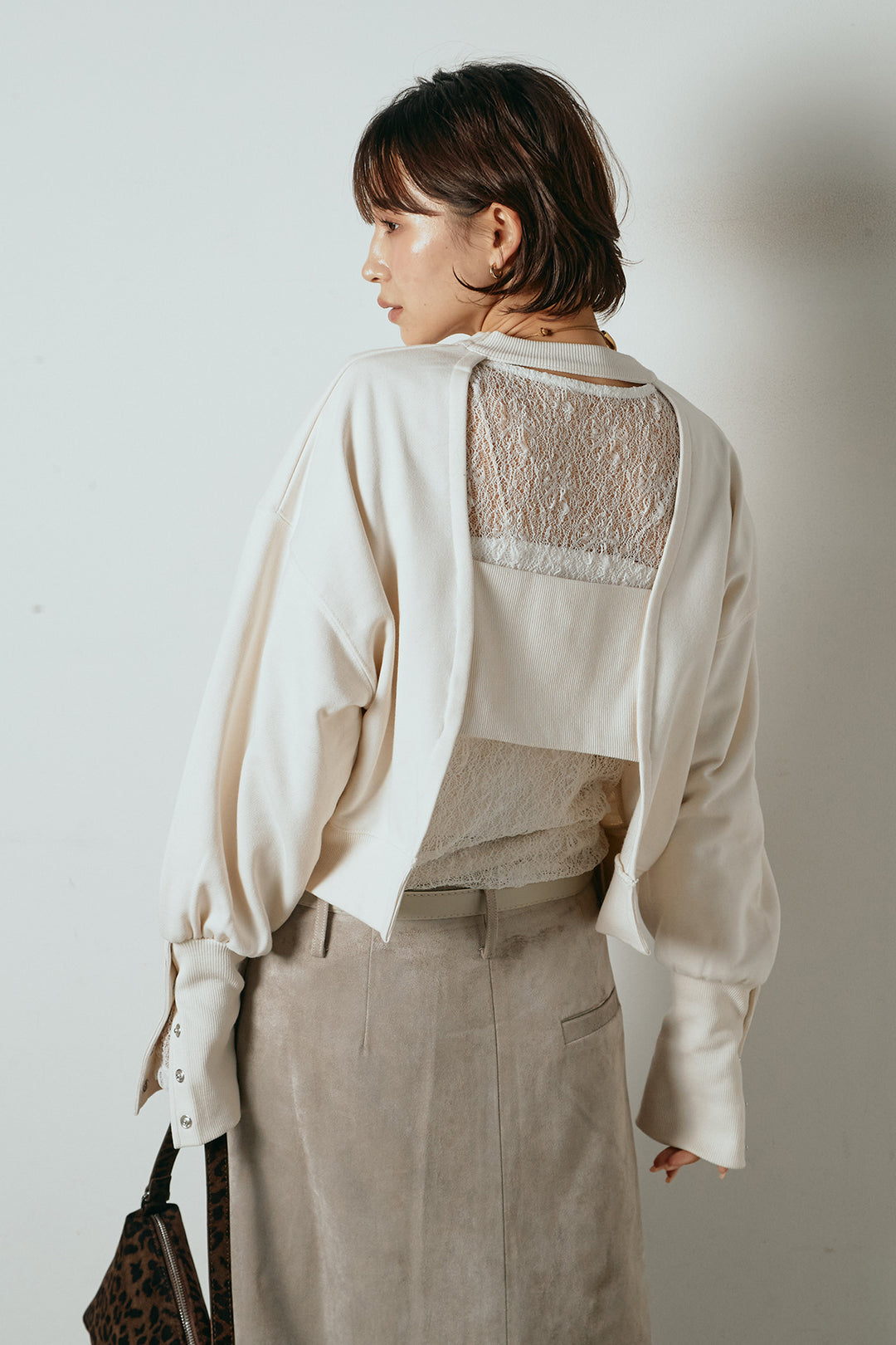 [SET]裏毛バックオープンプルオーバー+エコスウェードワイドスカート+ストレッチレースクルーネックインナー(3set)