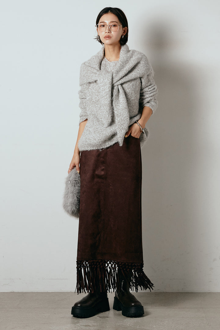 [SET]スカーフ付きミックスニットトップス+スウェードライク裾フリンジスカート(2set)